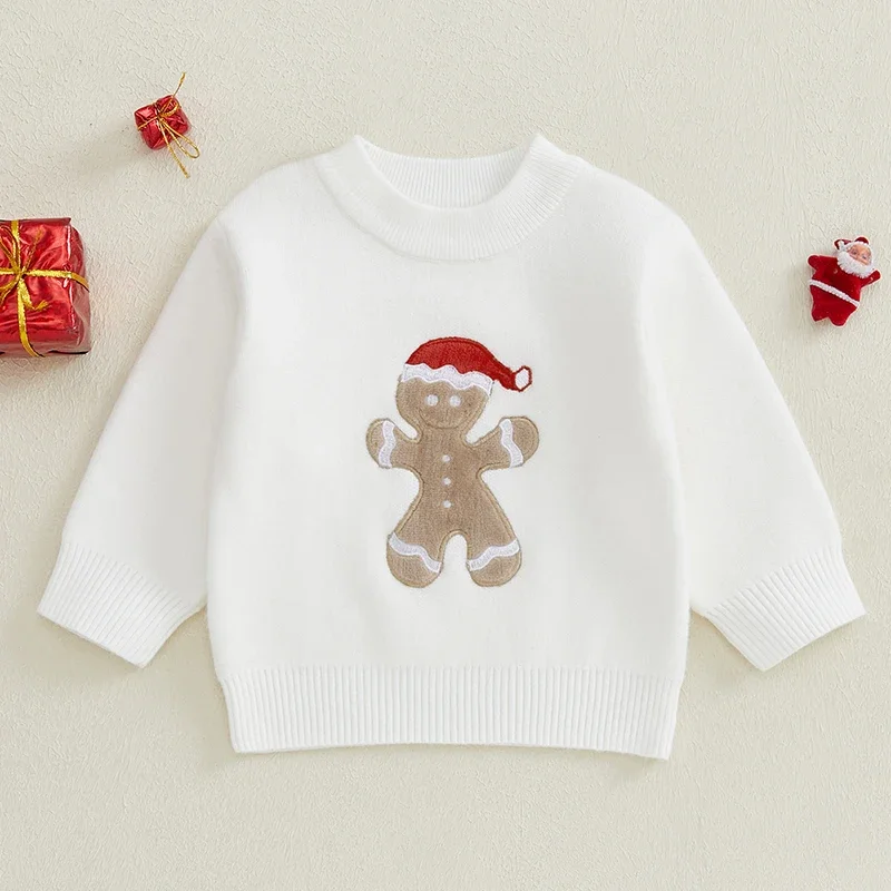 

0-3 Years Baby Girls Boys Christmas Knit Sweater Long Sleeve O Neck Gingerbread Man Embroidery Pullover Knitwear