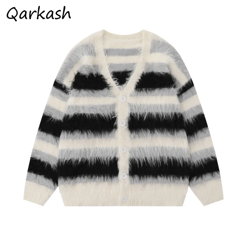 Sweaters Women Striped V-neck Button Loose Streetwear OL Warm Cozy Soft Chic Knitting Cardigan Korean Style Design All-match