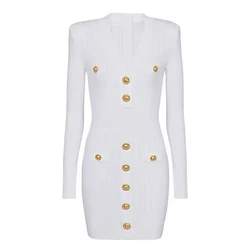 Spring and Autumn New Solid Color Stripe V-neck Gold Button Long Sleeve Slimming Short Style Casual Commuter Women's Dress
