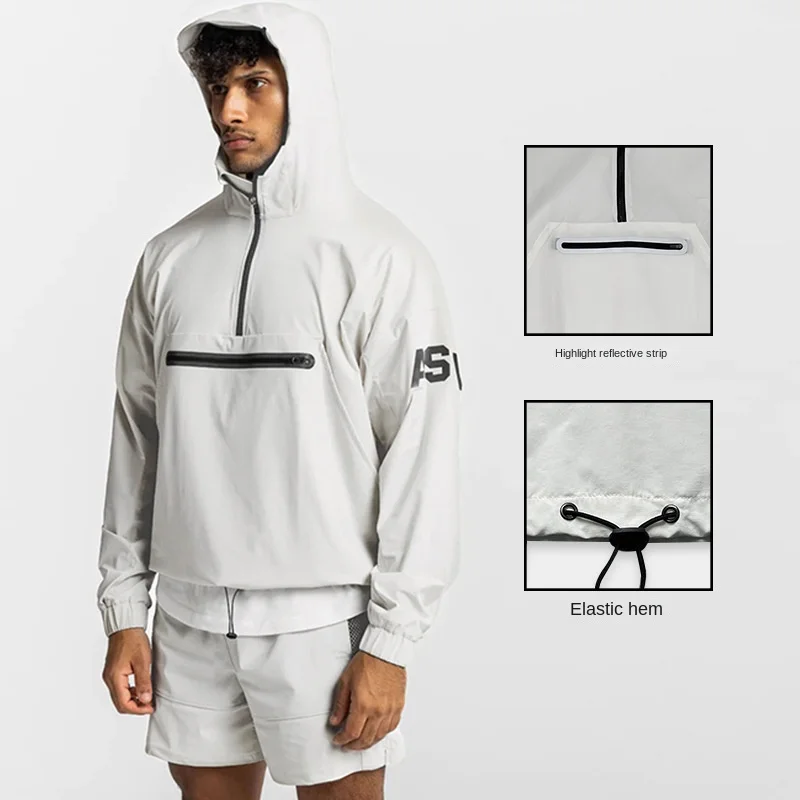 Men‘s Gym Sports Waterproof Outerwear Drawstring Jacket Running Workout Hoodies Sweatshirt Male Long Sleeves Casual Pullovers