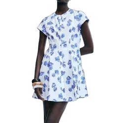 Women's Printed Dress with Round Neck Pleated edges, Single Breasted Commuting Style, Mini Skirt New