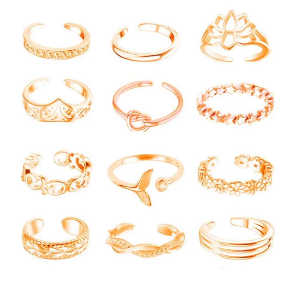 12pcs/set Girls Women Beach Summer Adjustable Tail Ring Finger Rings Toe Ring Set Foot Ring