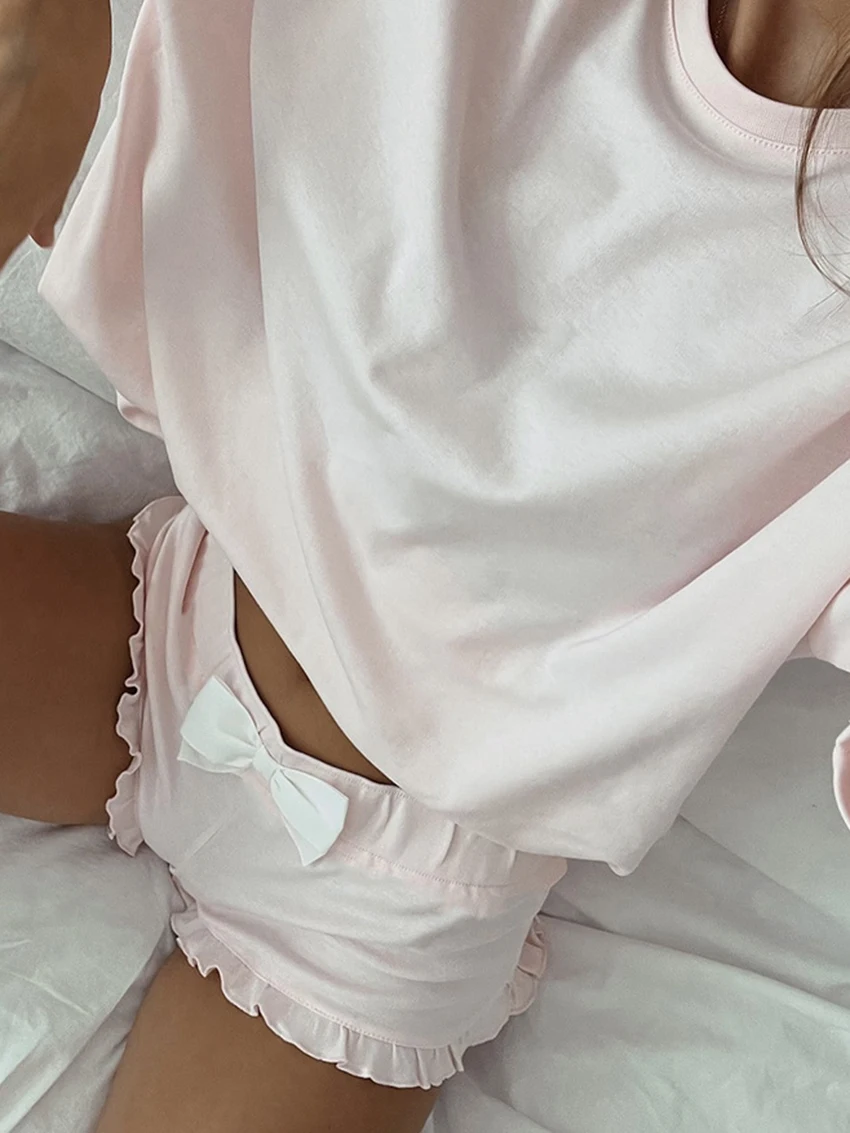 Marthaqiqi Summer Pink Ladies Nightgowns 2 Piece Suit Half Sleeve Nightwear O-Neck Pajamas Shorts Casual Home Clothes For Women