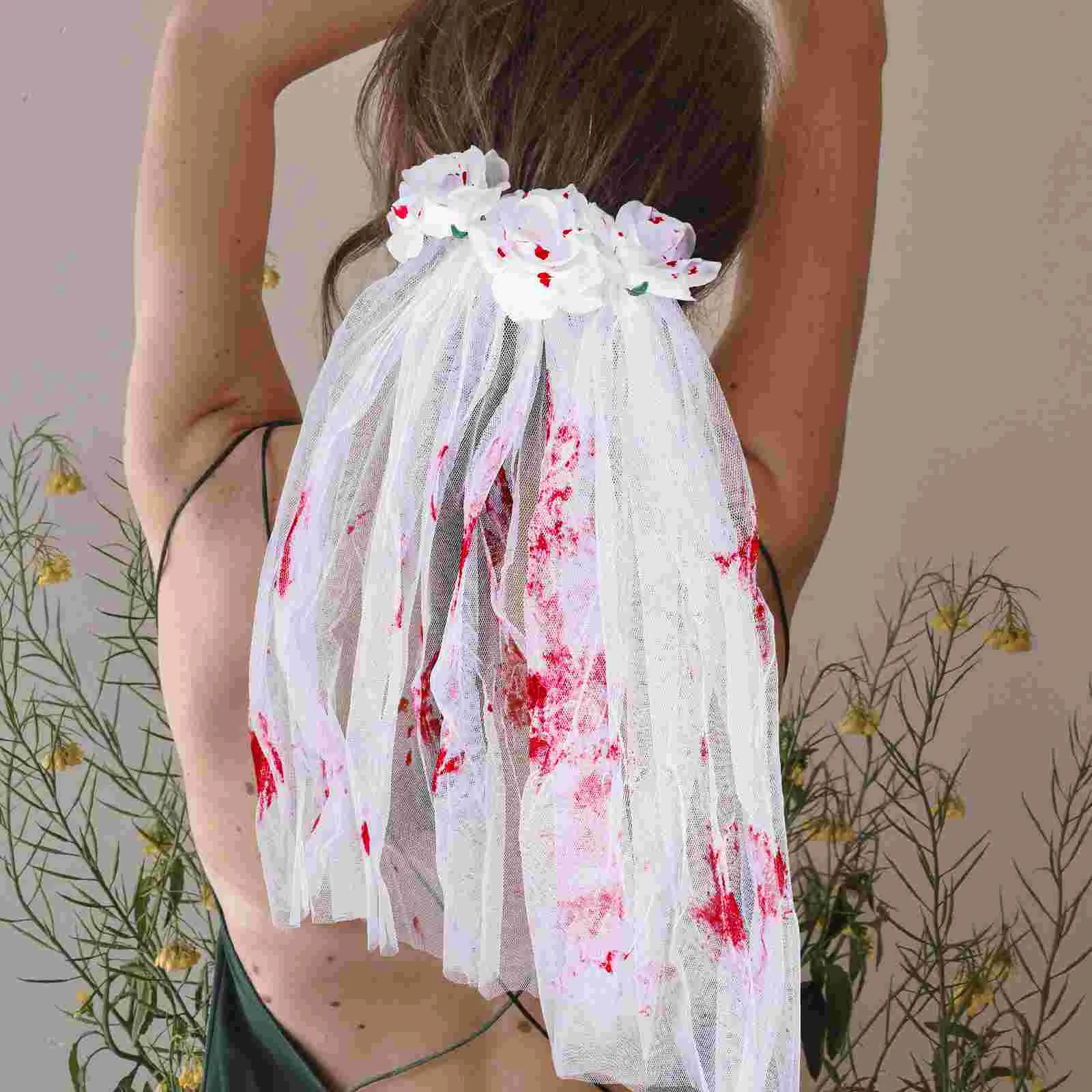 

Zombie Bride Veil Hair Comb Halloween Skull Headdress Party Decorative (Blood Stained Veil) Makeup Headband Long Cloth Man