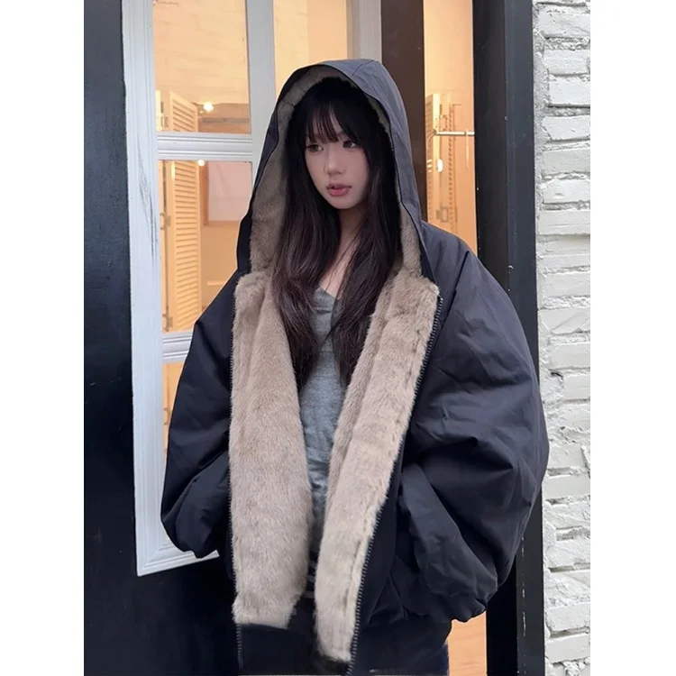 Korean Style Women's Thickened Short Jacket Double-Sided Wear Cotton Coat Loose Fit Warmth Autumn Winter Outerwear Coat