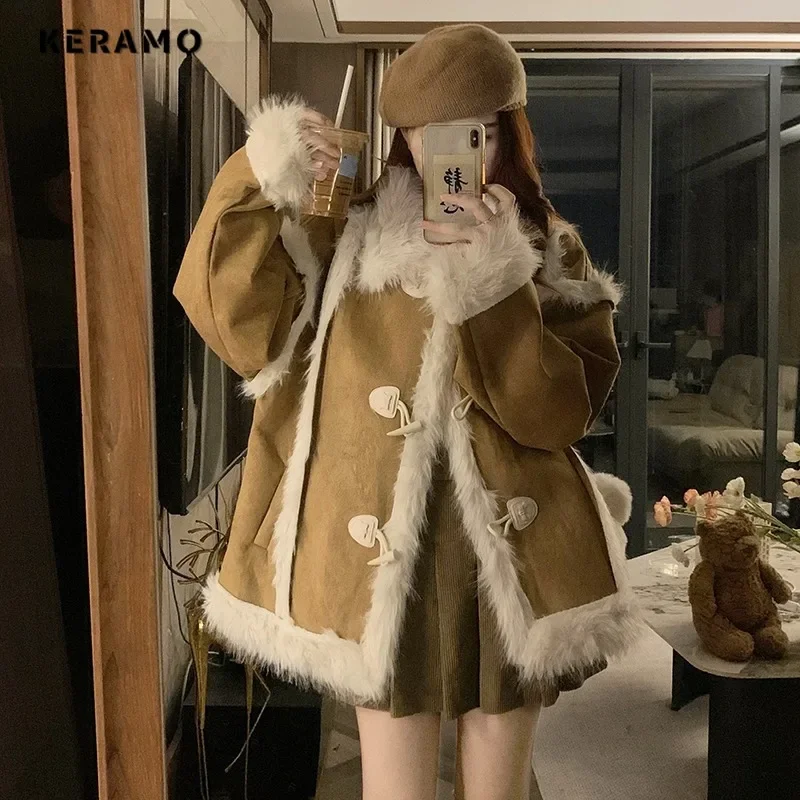 Women Casual Long Sleeve Sweet Single Breasted Parkas 2024 Winter Tassels Oversized Jacket Lovely Warm Patchwork Thick Coat