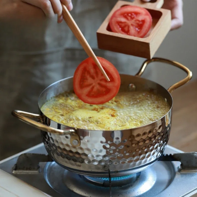 Luxury Hammered Gold Stainless Steel Pot,Double Handle Hot Pot for Noodles Soup,Customized Restaurant Home Cooking Gift & lovers