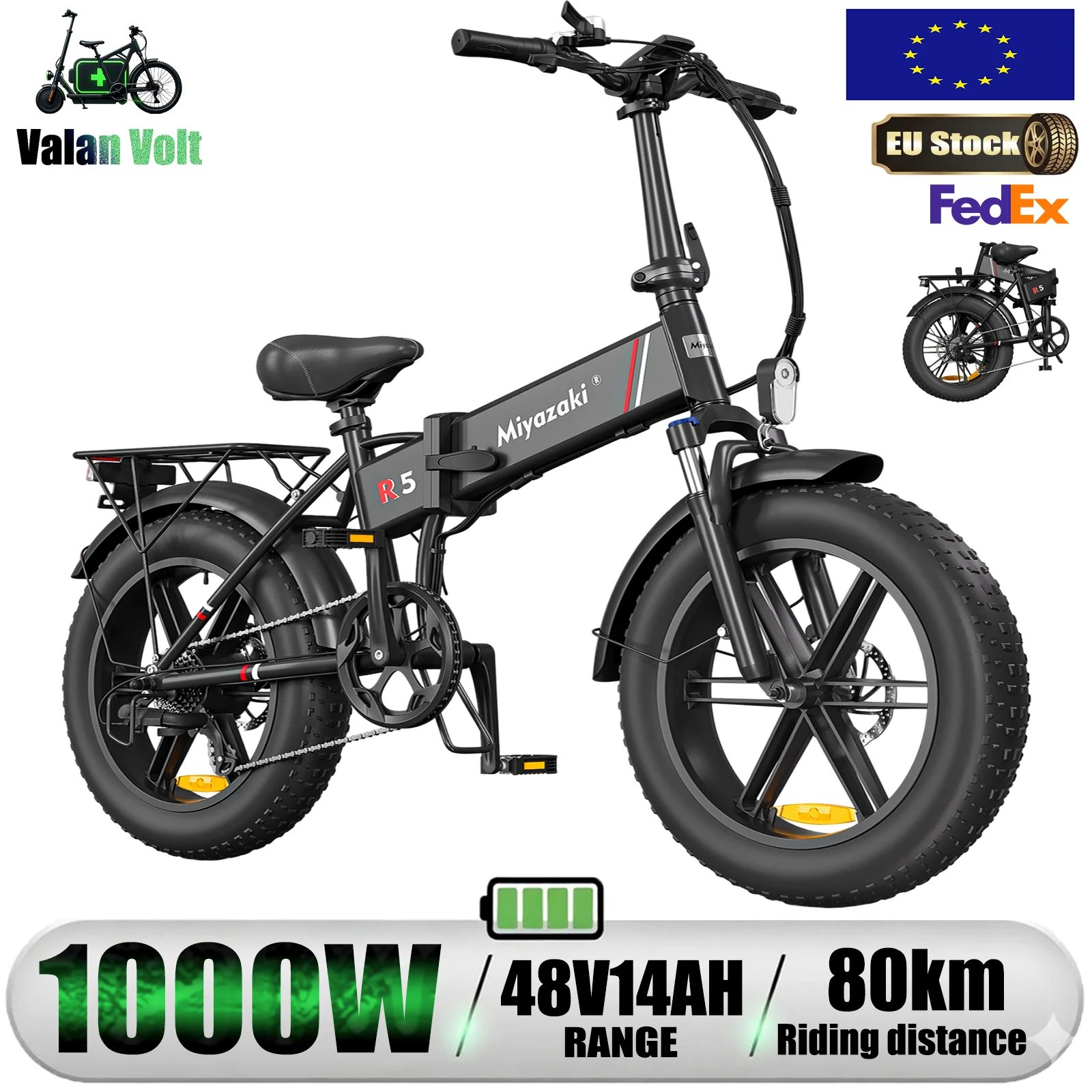 Rower elektryczny składany Miyazaki R5 z amortyzacją, 1000W, dla dorosłych, 20-calowy rower górski z akumulatorem 48V 14Ah, z możliwością wyjmowania.