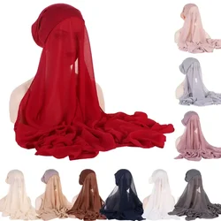 New Chiffon Instant Hijab with Tube Undercap Attached Head Scarf Muslim Women Pull On Ready Wear Headwrap Shawls Turban Headband