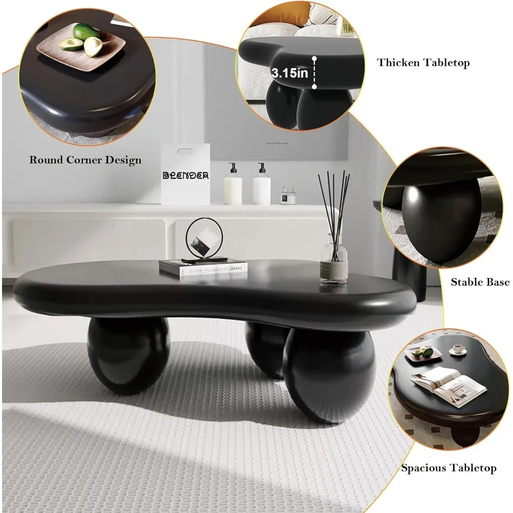 Asymmetric Black Coffee Table with 3 Stable Ellipsoid Leg, Modern Stylish Cloud Center Table - Cafe Books Laptop Snacks