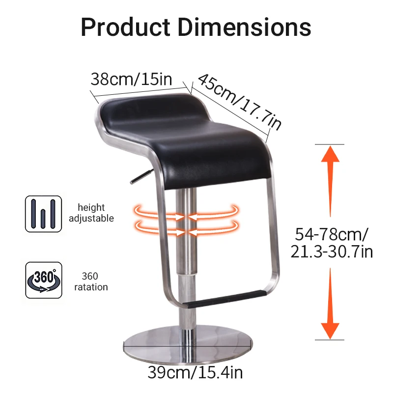 Silla de comedor giratoria moderna de lujo de cuero negro (1 unidad), con altura del respaldo ajustable, una silla de bar