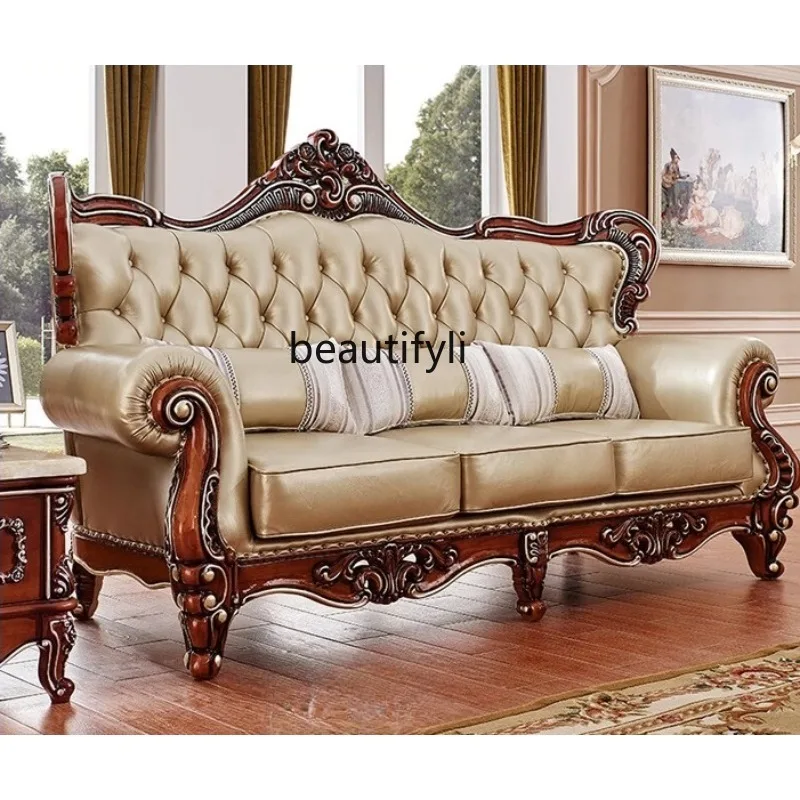 

European high-end sofa solid wood oak carved leather sofa combination living room sofa
