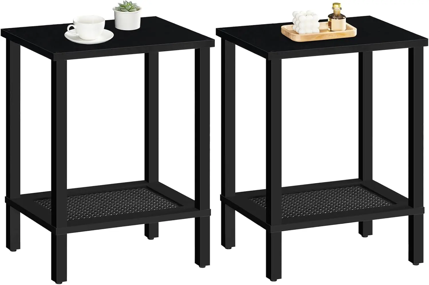 

End Tables Set of 2, Small Side Tables with 2-Tier Storage Shelves, Nightstands with Faux Rattan Decoration, for Small Space,