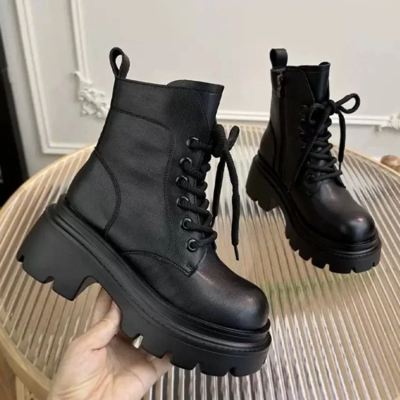Damenstiefel, Plateau-Stiefel mit hohen Absätzen, modische kurze Stiefel mit seitlichem Reißverschluss, britischer Stil, runde Zehenpartie, PU-Leder, Gummilaufsohle, Damenschuhe