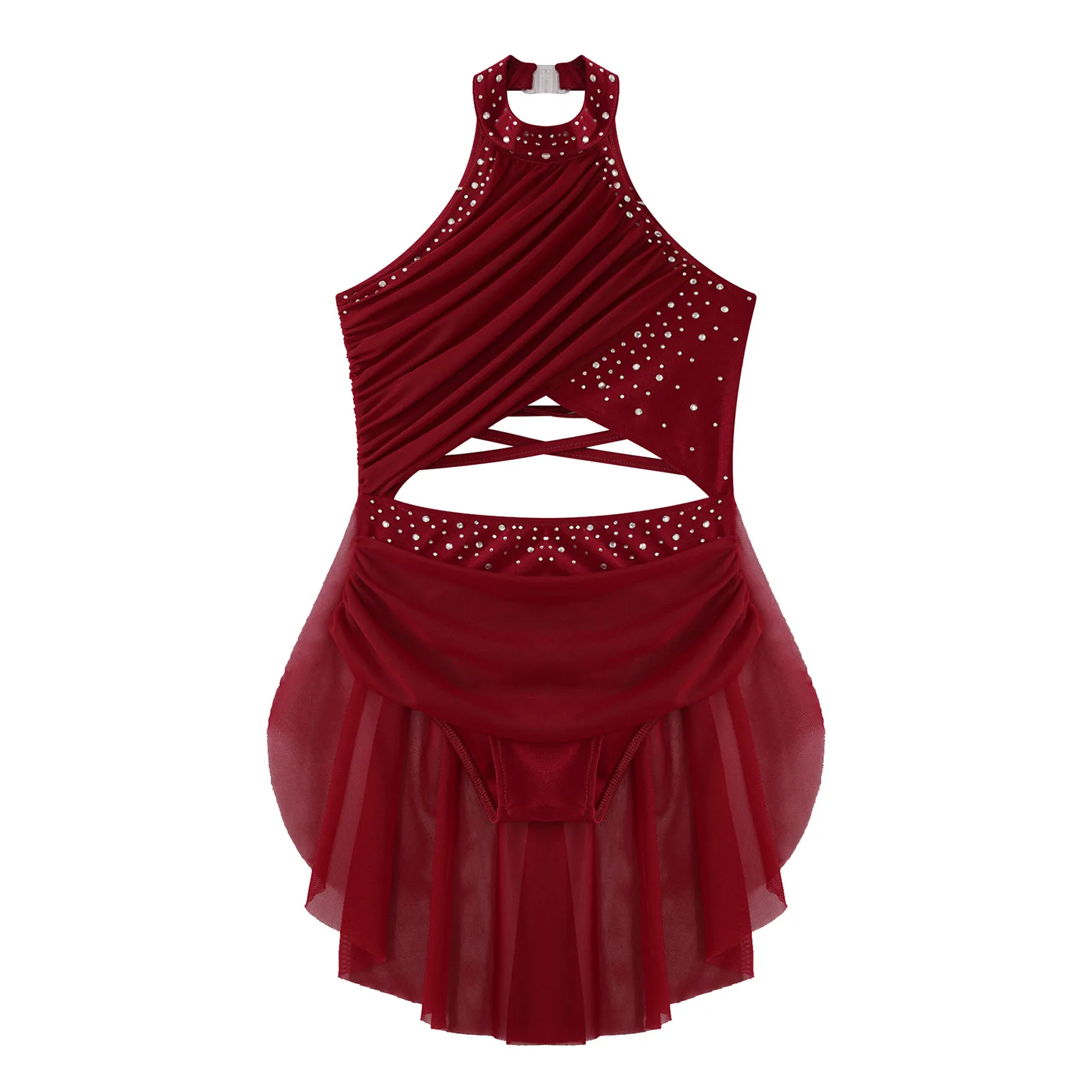 Girls Lyrical Dance Dress for Stage Performance Costume Kids Glittery Rhinestone Sheer Mesh Strappy Backless Leotard Dresses