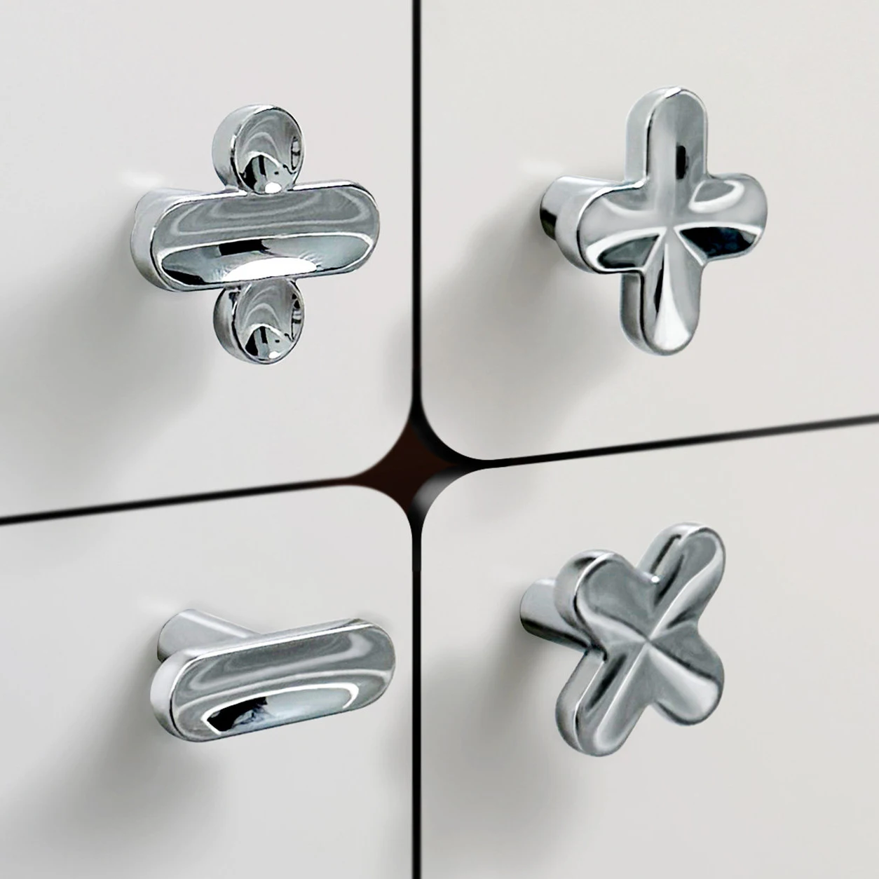 Chrome Silver Cross & Oval Single Hole Cabinet Knobs, Modern Shiny Drawer Pull Handles, Creative Flower Shape Knob for Cupboard