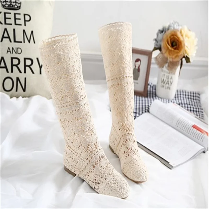 Women\'s spring high boots wool hollow boots fashion luxury brand summer white lace boots ladies hollow flat casual shoes