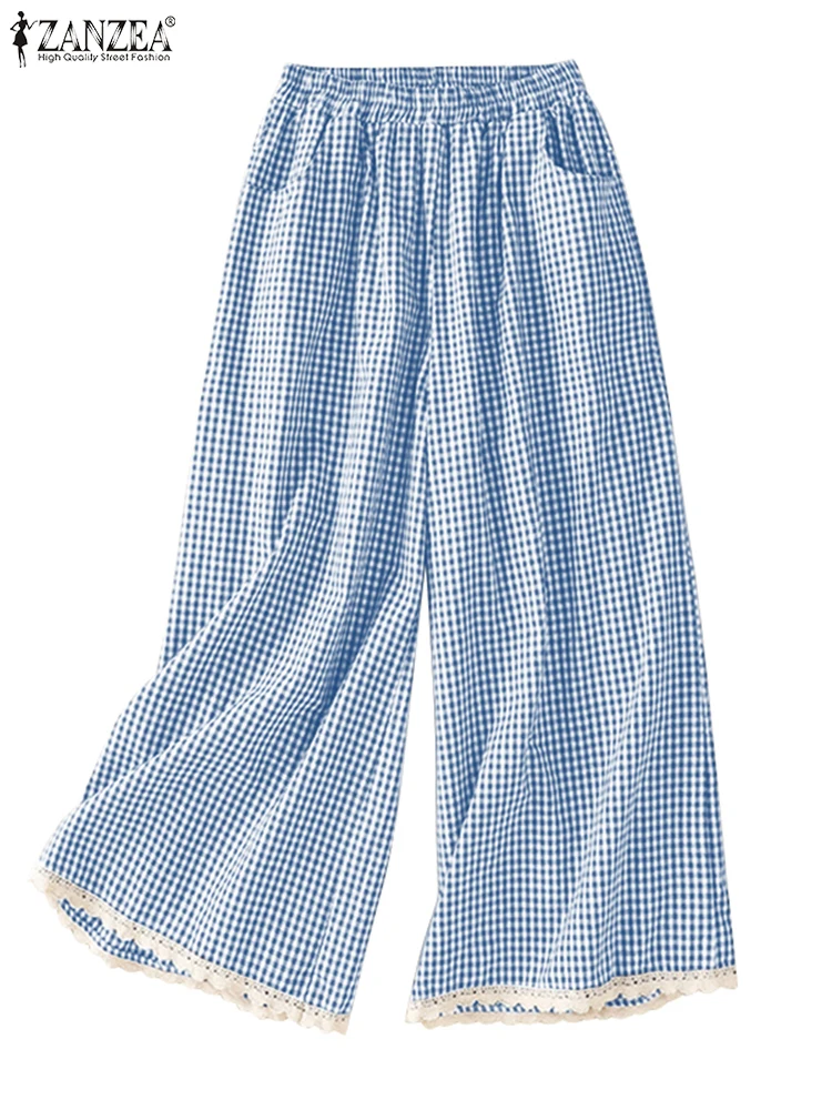 ZANZEA Women Long Pants Plaid Lace Patchwork Trousers 2025 Casual Loose Elastic Waist Pleated Wide Leg Pants Summer Bottoms