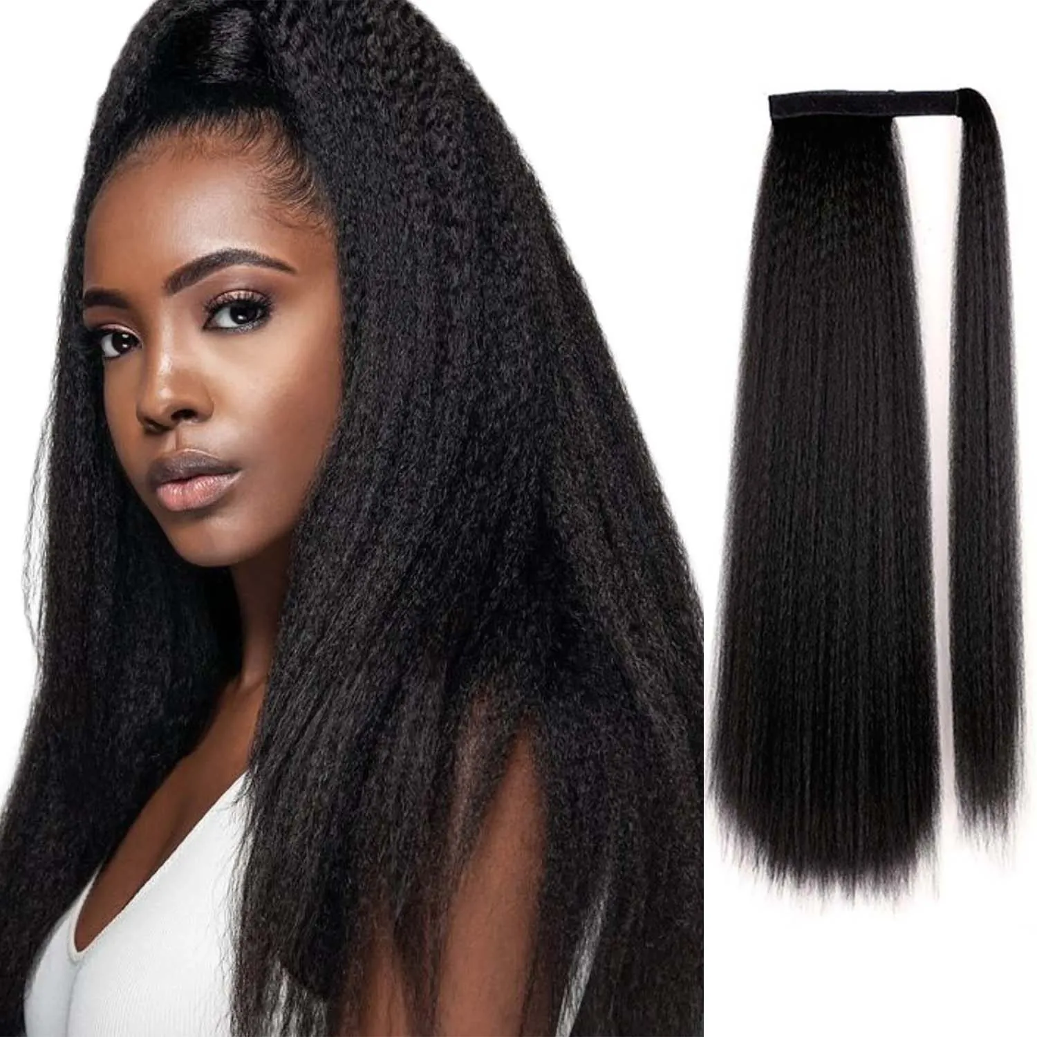 

Синтетический длинный прямой хвост яки для женщин, 24 дюйма, обертывание вокруг волшебной пасты, странный прямой хвост, заколка для волос