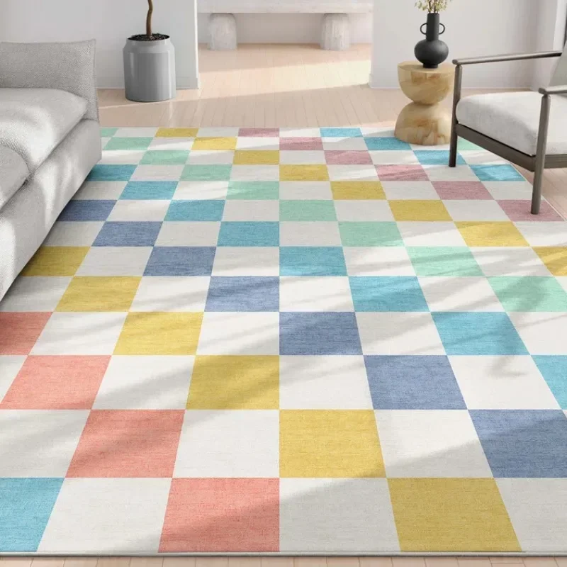 Checkered Living Room Carpet Ins Fashion Simple Macron Color Area Rug American Retro Modern Entrance Mat Non Slip Bedside Mat