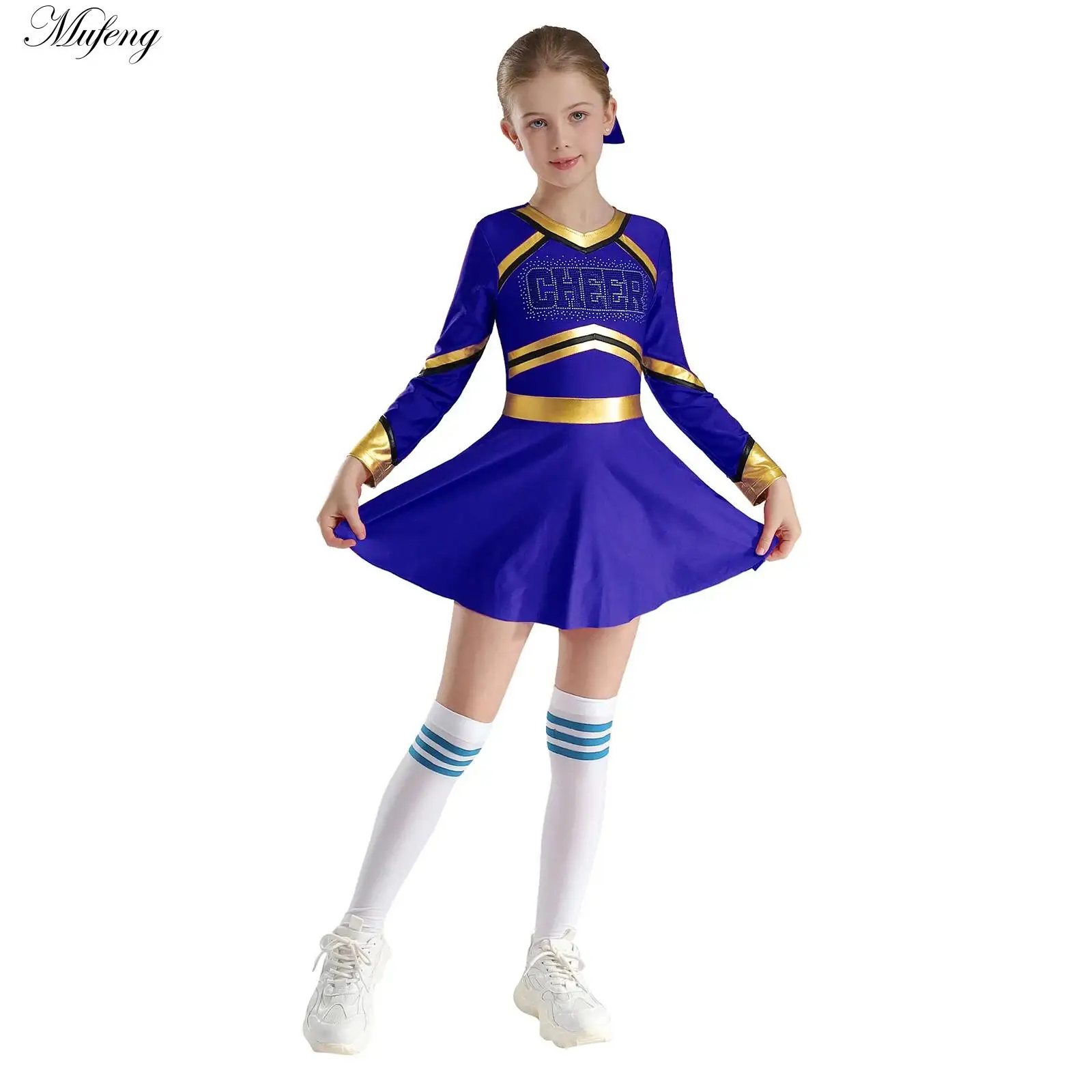 Girls Cheerleading Costume Rhinestones Dance Uniform Letter Print Metallic Long Sleeve Dress Headwear Flower Balls Socks Outfits