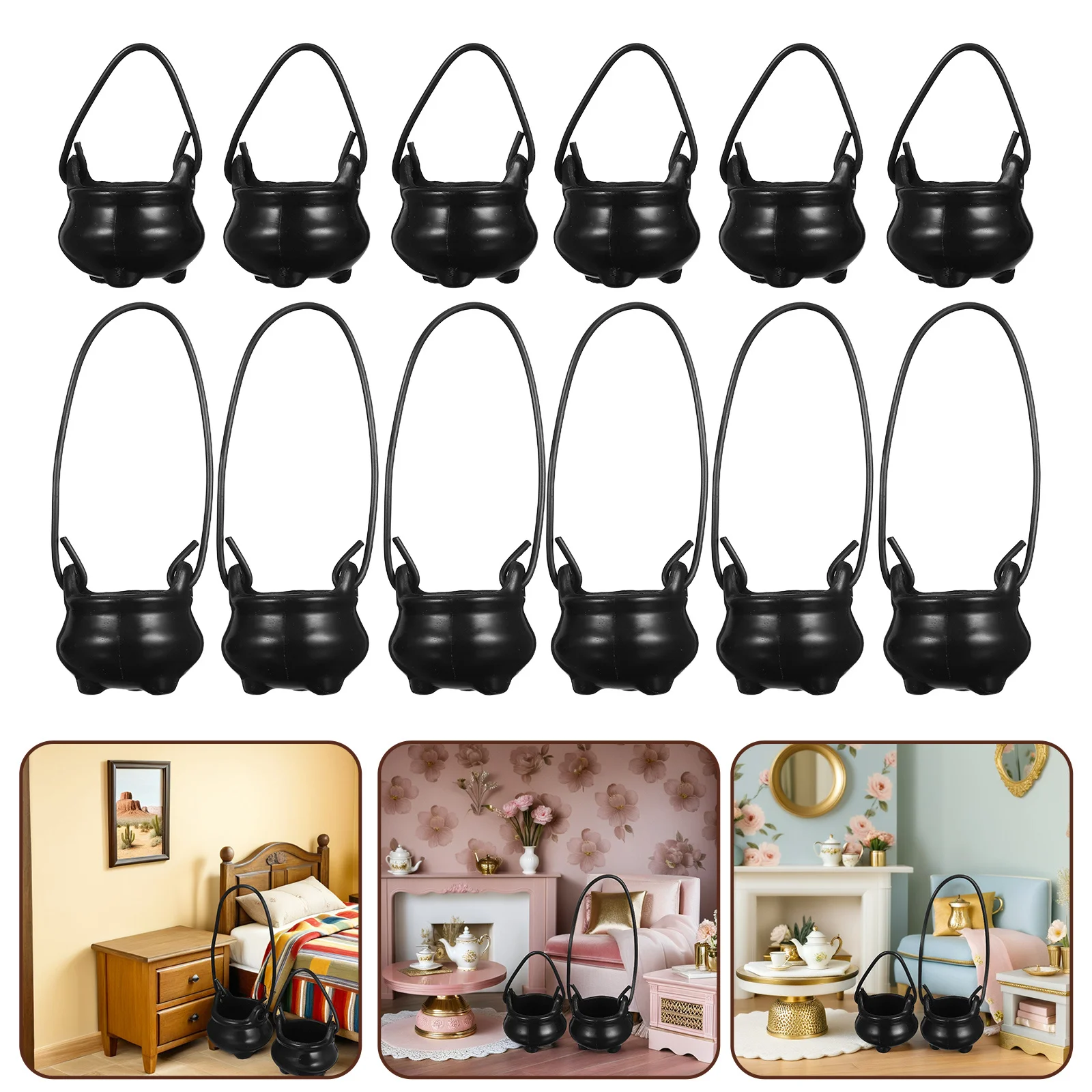 

12 шт., мини-котел, пластиковые горшки для ведьмы, прочная проволочная ручка, вечерние украшения для Хэллоуина, жуткие украшения, аксессуары для сказочного сада