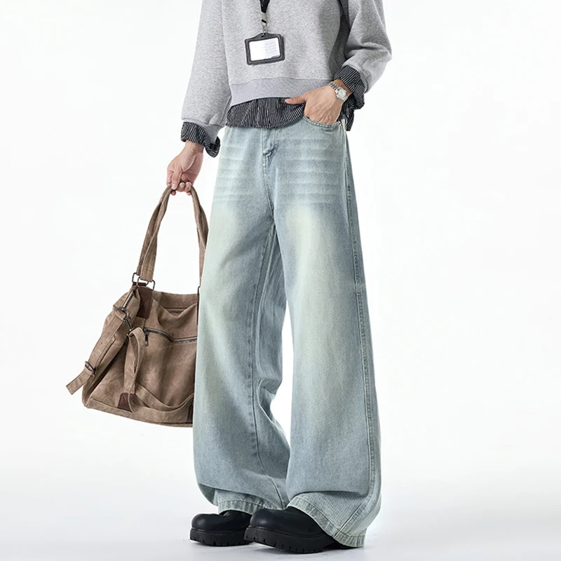 LUZHEN 2026 New Stylish Vintage Wornout Washed Gradient Straight Casual Jeans Men's Handsome Korean Wide Leg Denim Pants JY8181