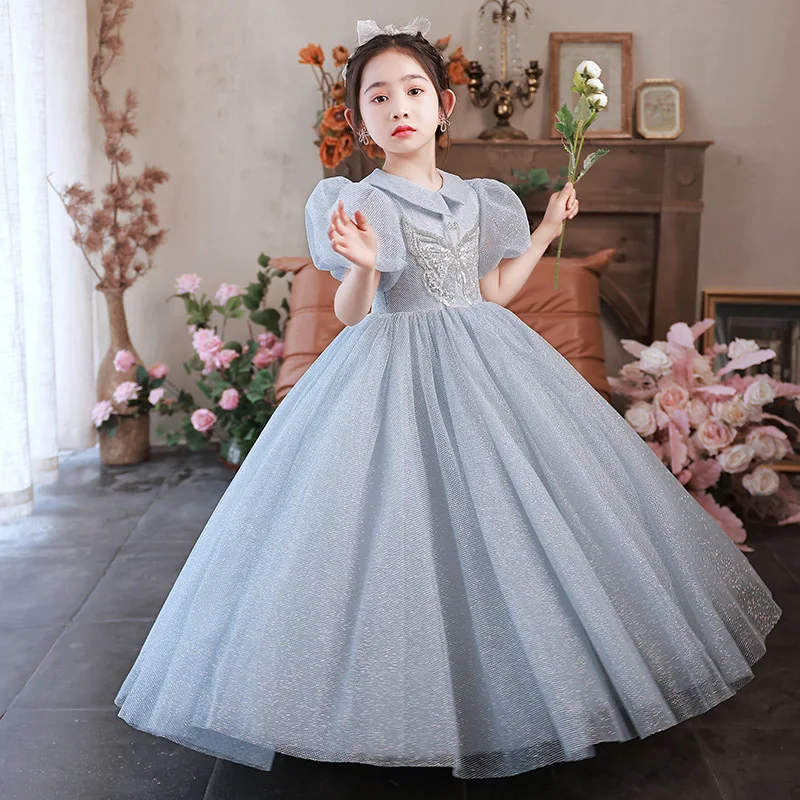 

Children's dress Wedding Flower girl blue Butterfly Diamond Embroidery beauty pageant Long dress birthday party wedding ball gow