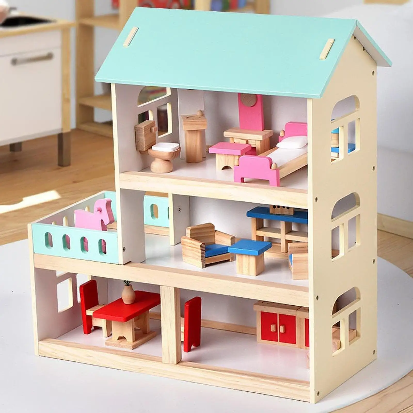 Casa delle bambole in legno per bambini Villa principessa 3 livelli Casa delle bambole moderna per famiglie Set da gioco per bambini dai 3 anni in su Regali di compleanno