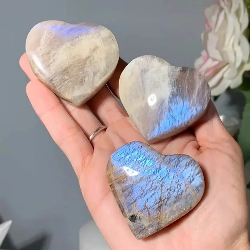 Blue Flash Moonstone Heart Crystal Healing Protection Meditation Gift Spiritual Energy Love Fertility Palm Stone Pocket Gemstone view 5