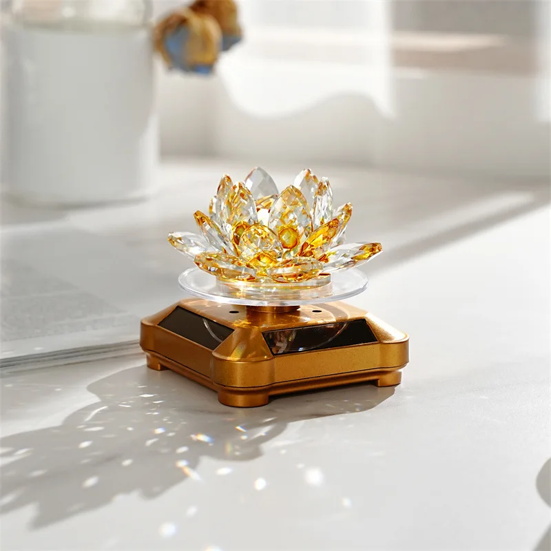 Crystal Lotus Simulation Glass Flower, Car Solar Ornaments Jewelry Gold Counter Decorations New House Counter Crystal Ornaments