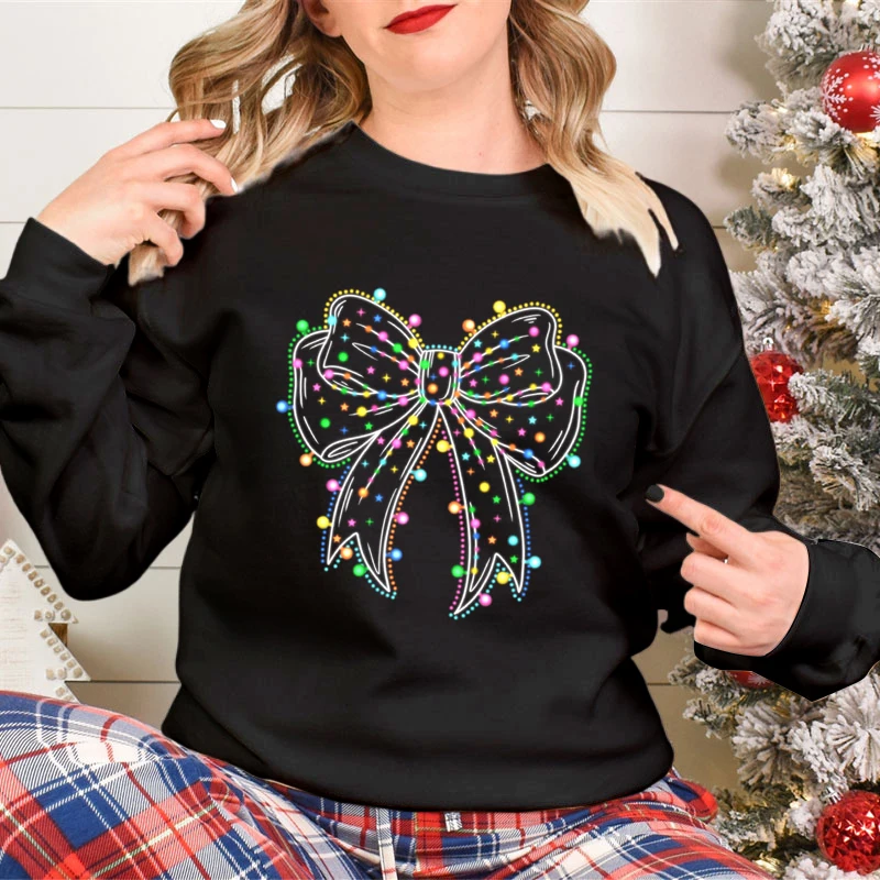 Women\'s Sweat-shirt Christmas Bow Light Design Autumn Thin Sweatshirt Girls Christmas Bow Gift Holiday Neon Light Premium Hoodie