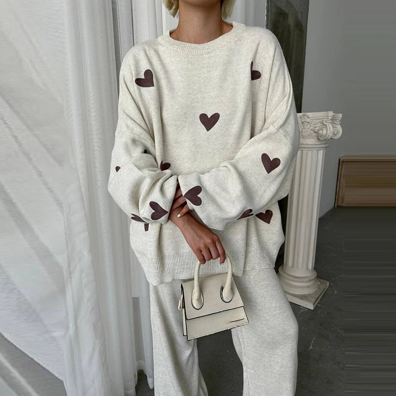 Casual O Neck Long Sleeved Sweater Outfit Elegant Loose Straight Pants Suit Autumn Winter Heart-shaped Print Knitted 2 Piece Set