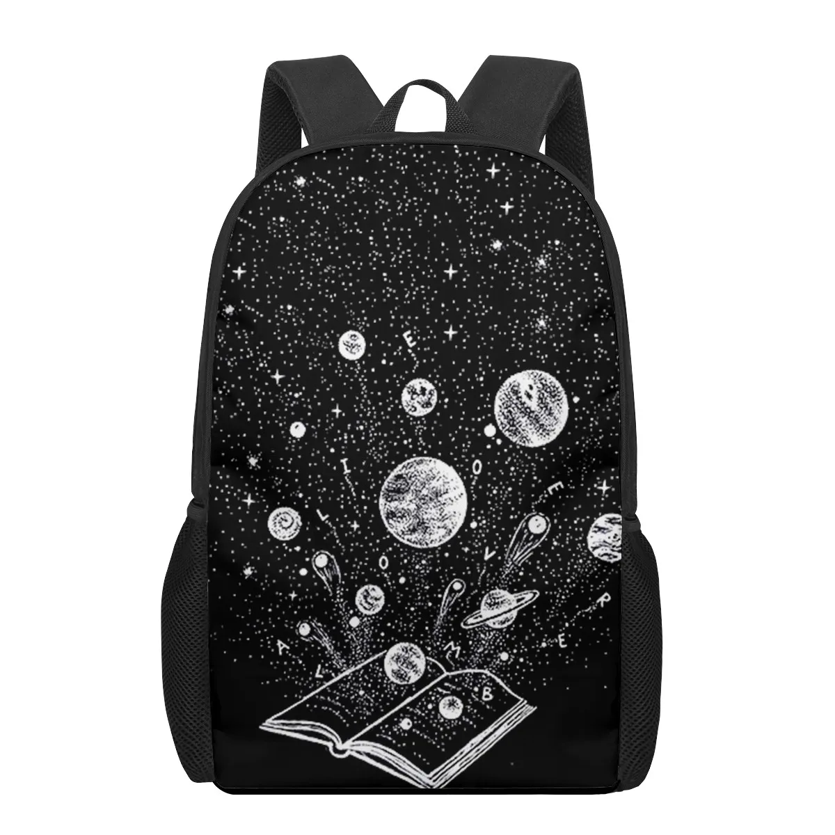 Mochila escolar con patrón 3D para niños y niñas, bolsa de libros informal, ilustración artística en blanco y negro