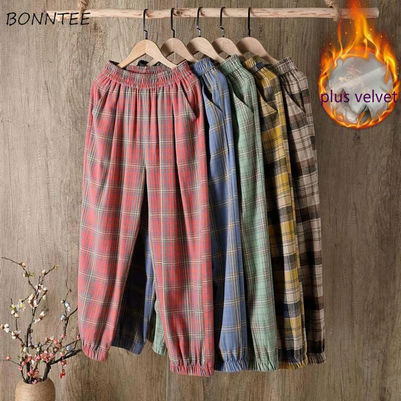 Ankle-length Pants Women Loose Harem High Waist Casual Plaid Aesthetic Thicker Youth Baggy All-match Trendy Korean Style Warm