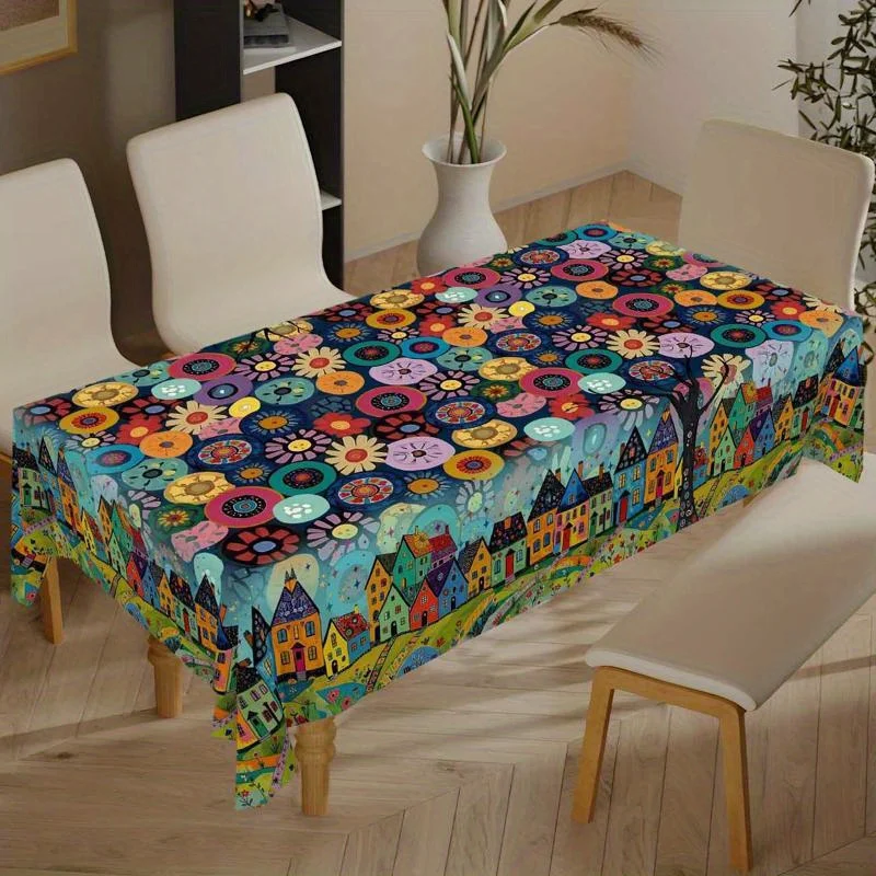 1pc Scandinavian Modern Farmhouse Tablecloth Compatible for Dining Tables - Abstract Nordic & Flower Design, Rectangular Table Cover Suitable, Farmhouse, Christmas Decor, /Outdoor Use