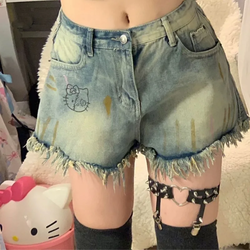 

Miniso Sanrio Hellokitty Tassel Y2k Denim Short High Waist Button High Street Shorts KT Cartoon Printed Vintage Short For Women