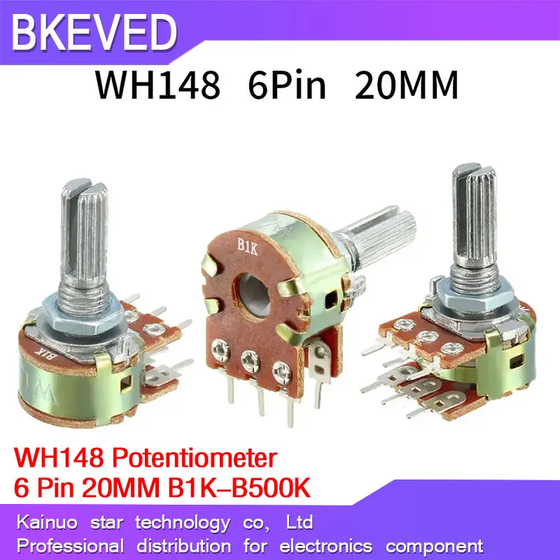 5pcs WH148 B1K B2K B5K B10K B20K B50K B100K B500K 6Pin 20mm Shaft Amplifier Dual Stereo Potentiometer 1K 2K 5K 10K 50K 100K 500k