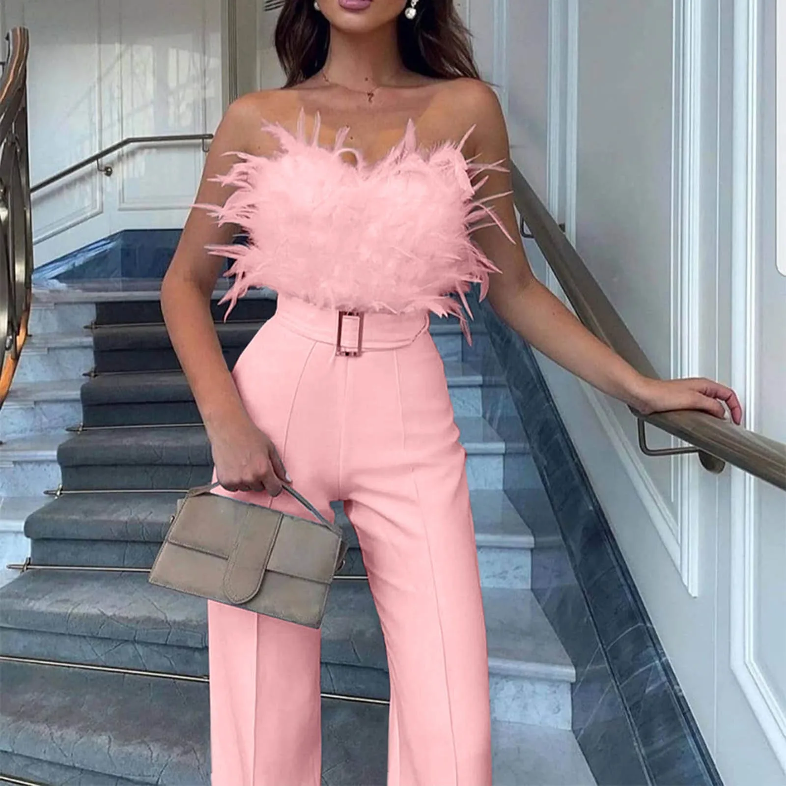 

Women Jumpsuit Feather Tube Top Sexy Evening Party Jump Suits Sleeveless High-waisted Straight Playsuits Night Clubwear Overalls