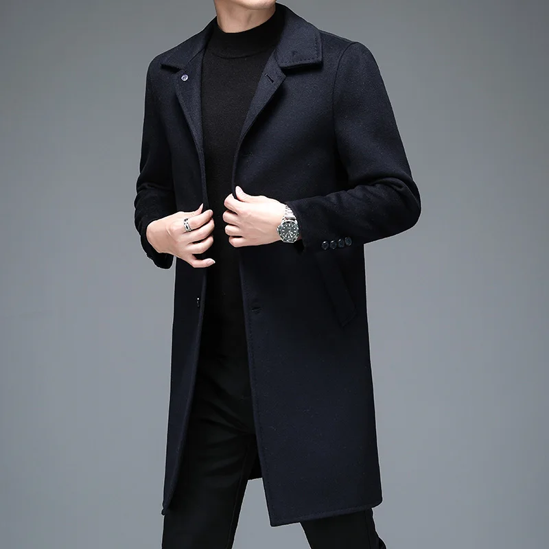 Quiet Luxury Men Woolen Blend Overcoat Black Navy Gray Warm Cashmere Coat Back Split  Winter Autumn British Style Garment OOTD