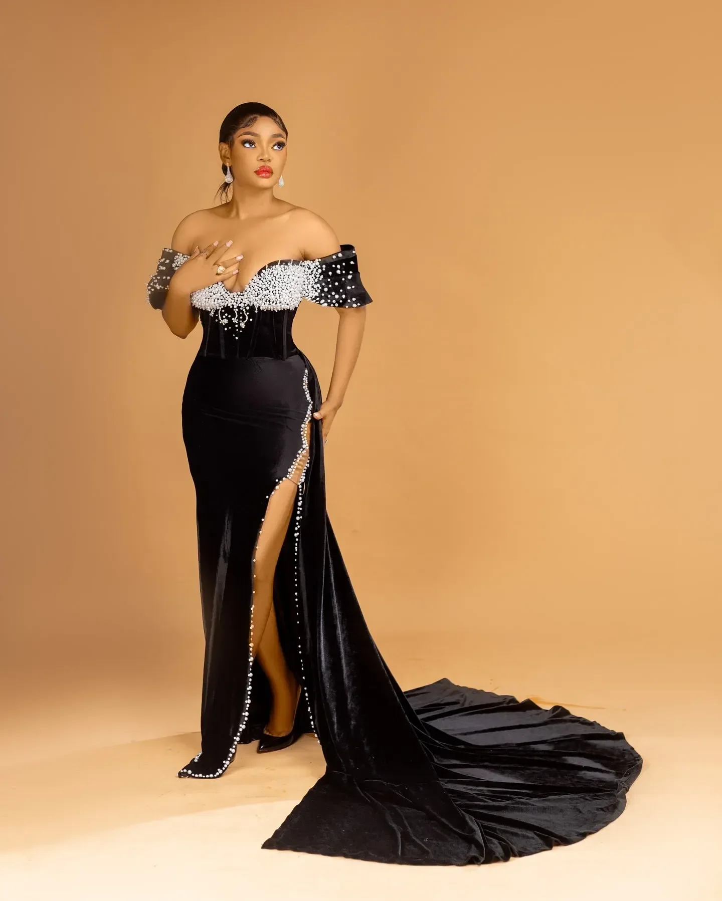 Pour les Occasions spéciales manches longues velours soirée formelle fête anniversaire deuxième fiançailles robes africaine noire sirène bal Dre