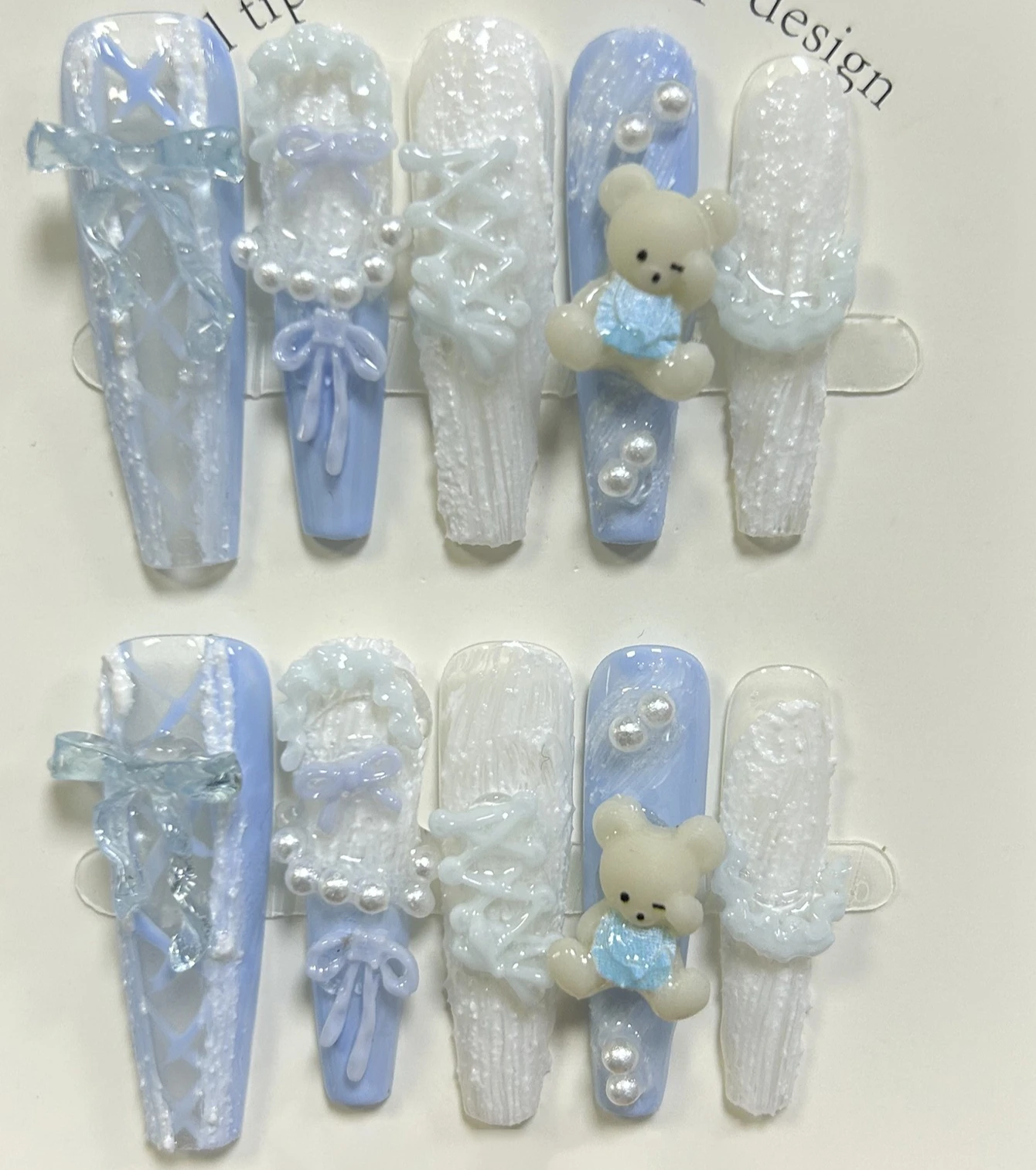 روكوكو الفرنسية الباليه الدانتيل اليدوية الصحافة على الأظافر ثلاثية الأبعاد الحلو لطيف الدب الجبس القوس اللؤلؤ الأظافر وهمية الوردي الأزرق لوليتا طويلة مسمار الفن #4