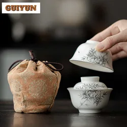 Antique Hand-painted Bamboo Tea Set Kit Retro 1 Pot 1 Cup Tea Brewing Travel Tea Set Portable Cloth Handbag Supplies Ornaments