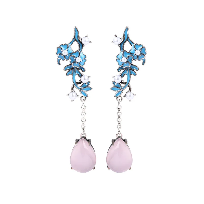 Vintage Chinese Jade Pendant Earrings for Women Ancient Silver Color Retro Palace Style Luxury Jewelry Flower Shaped Ornaments