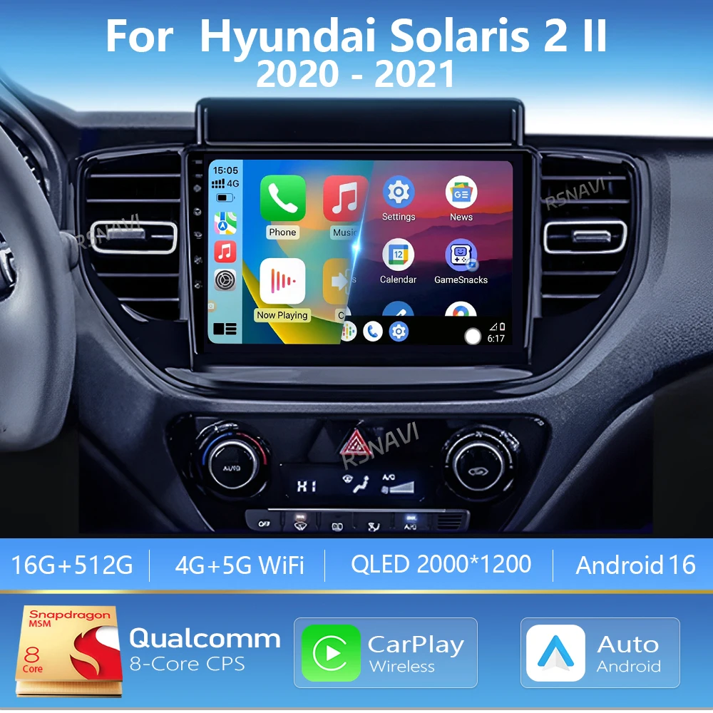 Android 16 Carplay Auto 2K Screen Car Radio Multimedia Video Player For Hyundai Solaris 2 II 2020 - 2021 2Din Autoradio Stereo