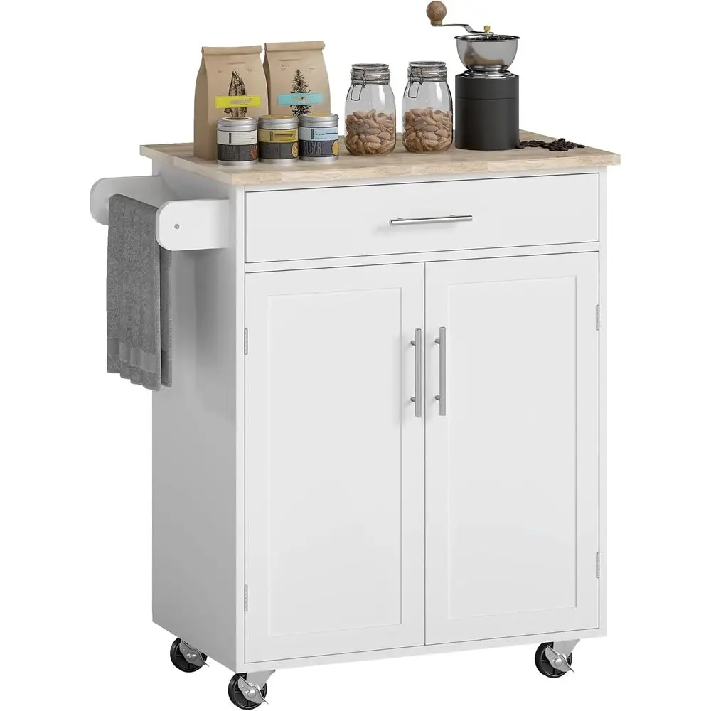 

Кухонная тележка-остров, передвижной стол-остров с столешницей из массива дерева, тележка-тумба с выдвижными ящиками, шкафом для хранения и вешалкой для полотенец, белая
