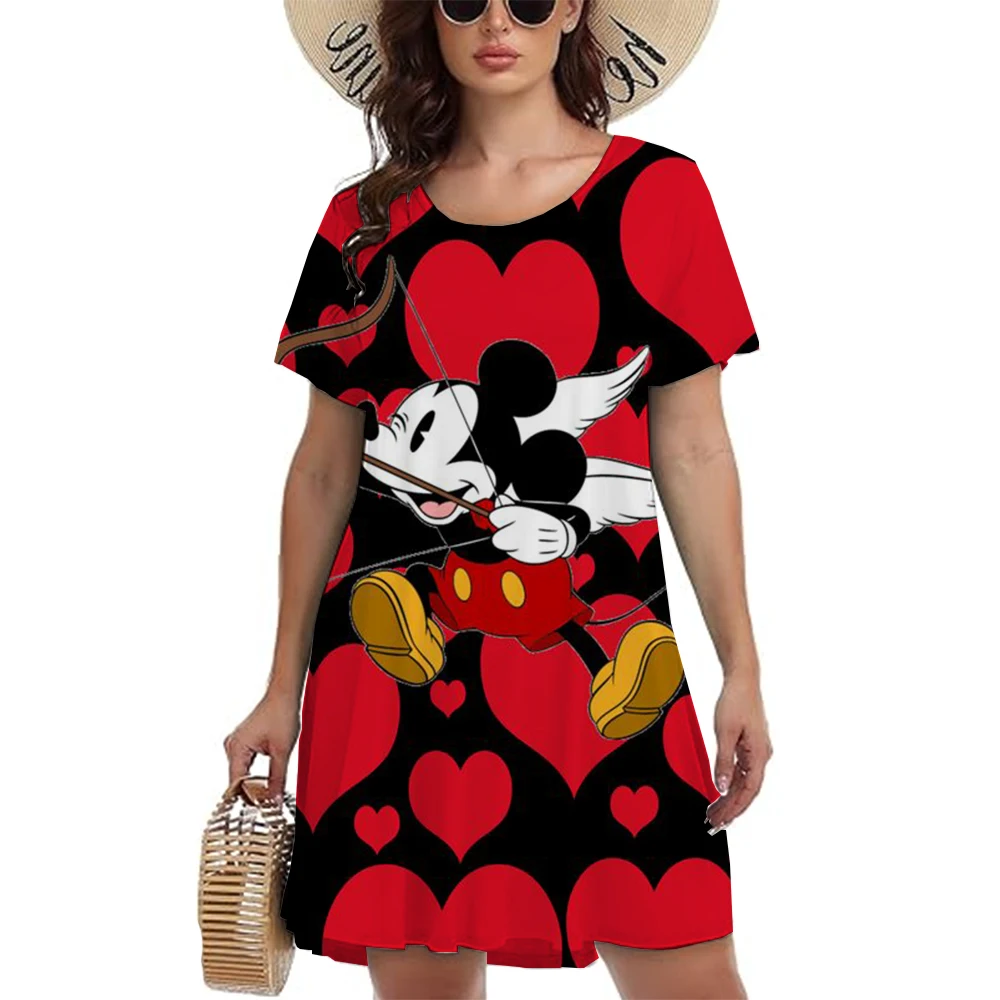 Women\'s casual dress Disney Mickey Mouse pattern printed women\'s mini dress fashionable short sleeved O-neck dress women\'s plus