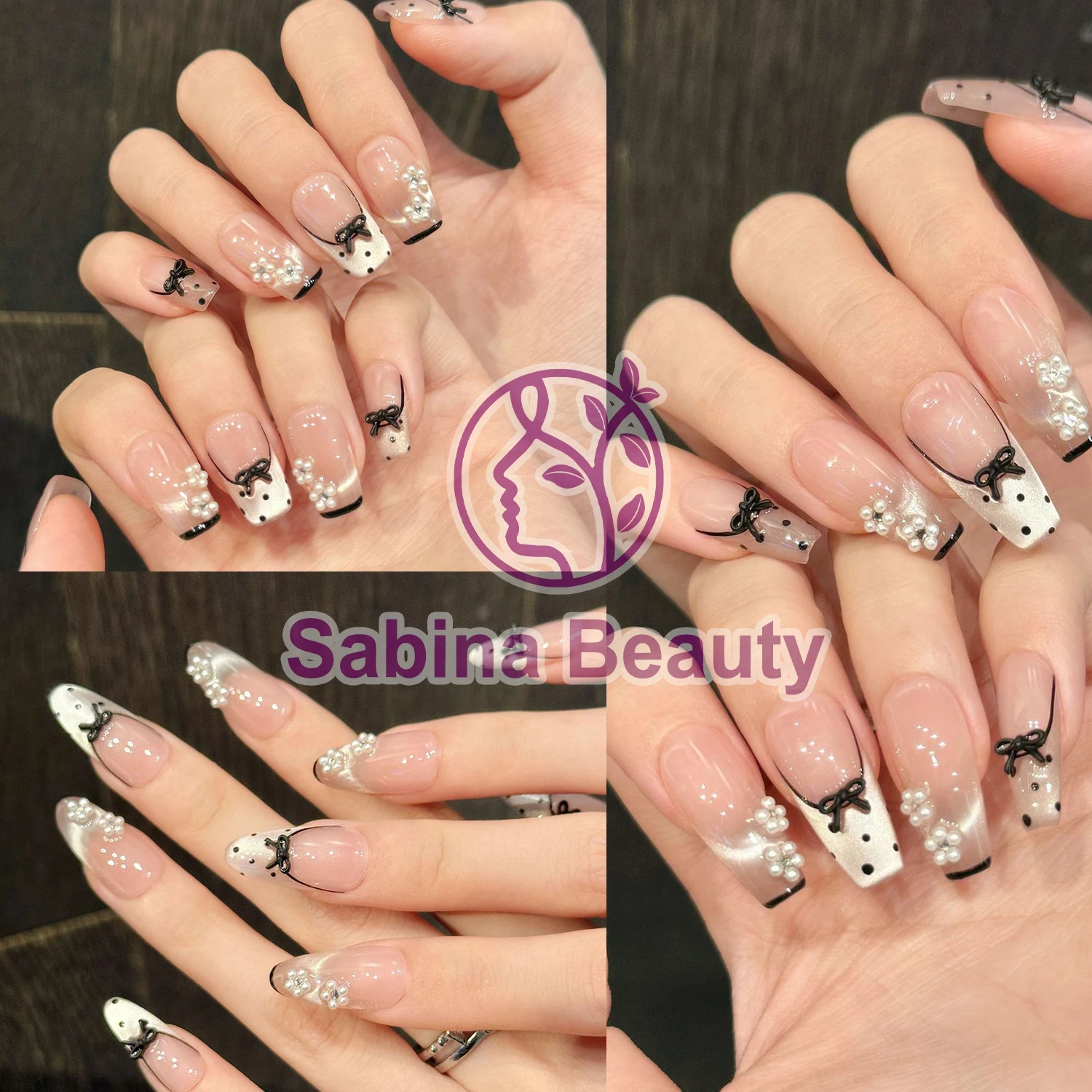 YH001-38 Handmade reusable 10pcs Press on Nail Hand drawn cat eye lace border French polka dots fake nail patch