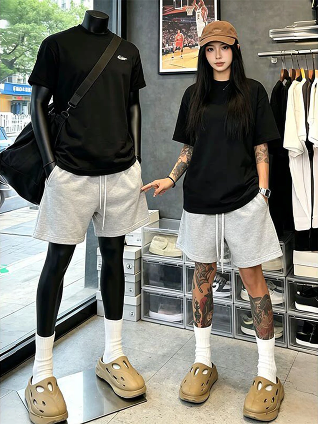 White Grey Sports Shorts Men Summer Thin Breathable American Fitness Running Casual Five-Quarter Trendy Cotton Elastic Waist