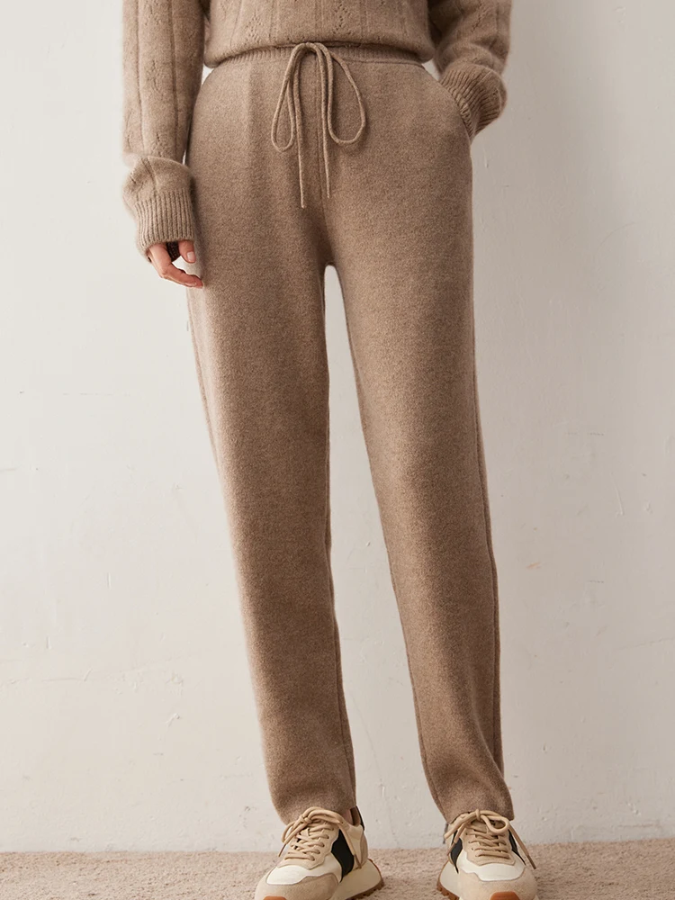 Potloodbroek Warm Zacht 100% Kasjmier Gebreid Slim Fit 2025 Nieuwkomers Zak Trekkoord Elastische Tailleriem Dames Dik Lang